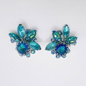 Vintage Judy Lee Clip On Earrings Peacock Blue Rhinestone AB Molded Glass Signed